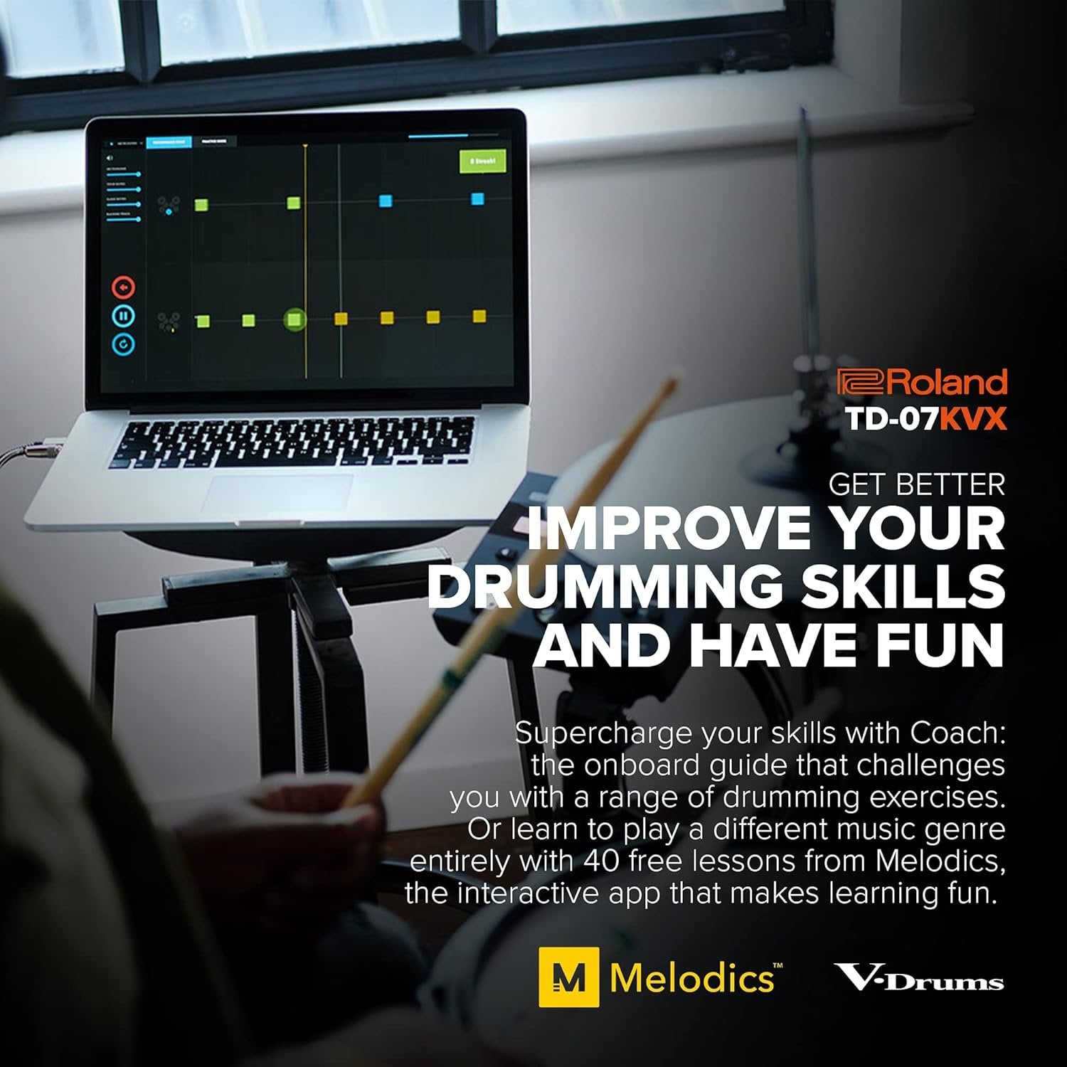 Roland TD-07KVX Electronic V-Drums Kit – with VH-10 Floating Hi-Hat and Best-Ever Cymbals – Bluetooth Audio & MIDI – 40 Free Melodics Lessons,Black