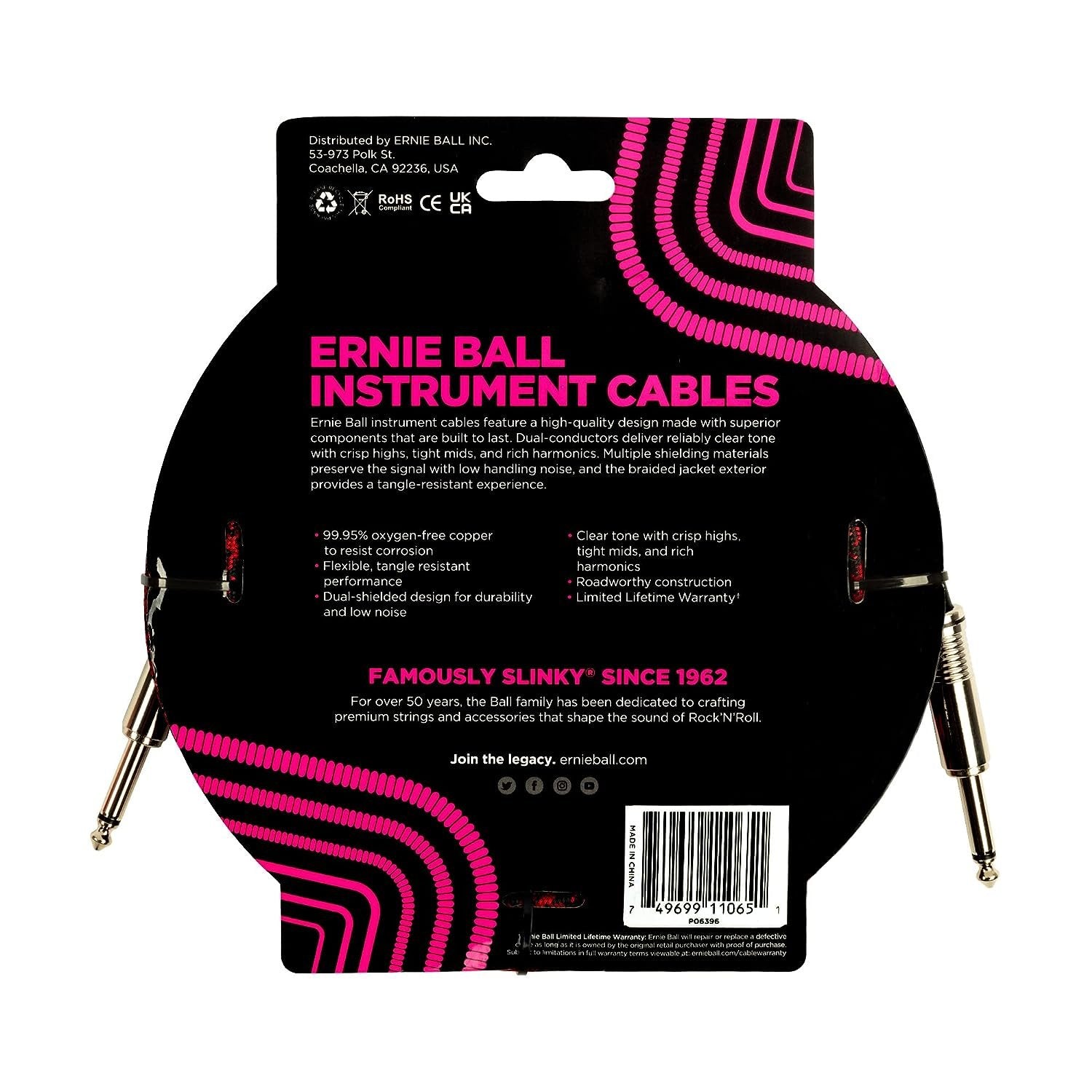 Ernie Ball Braided Instrument Cable, Straight Straight, 18ft, Red/Black