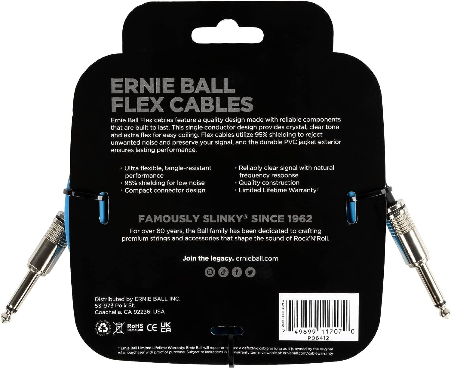 Ernie Ball Flex Instrument Cable Straight/Straight 10ft - Blue