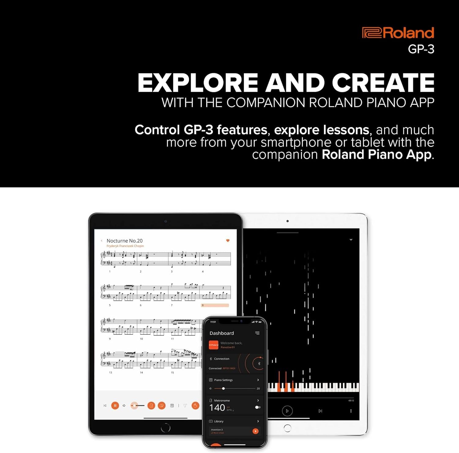Roland GP-3 Digital Low-Profile Grand Space-Saving Footprint | Premium Piano Technologies | Authentic Tone and Touch | Immersive Sound | Onboard Bluetooth