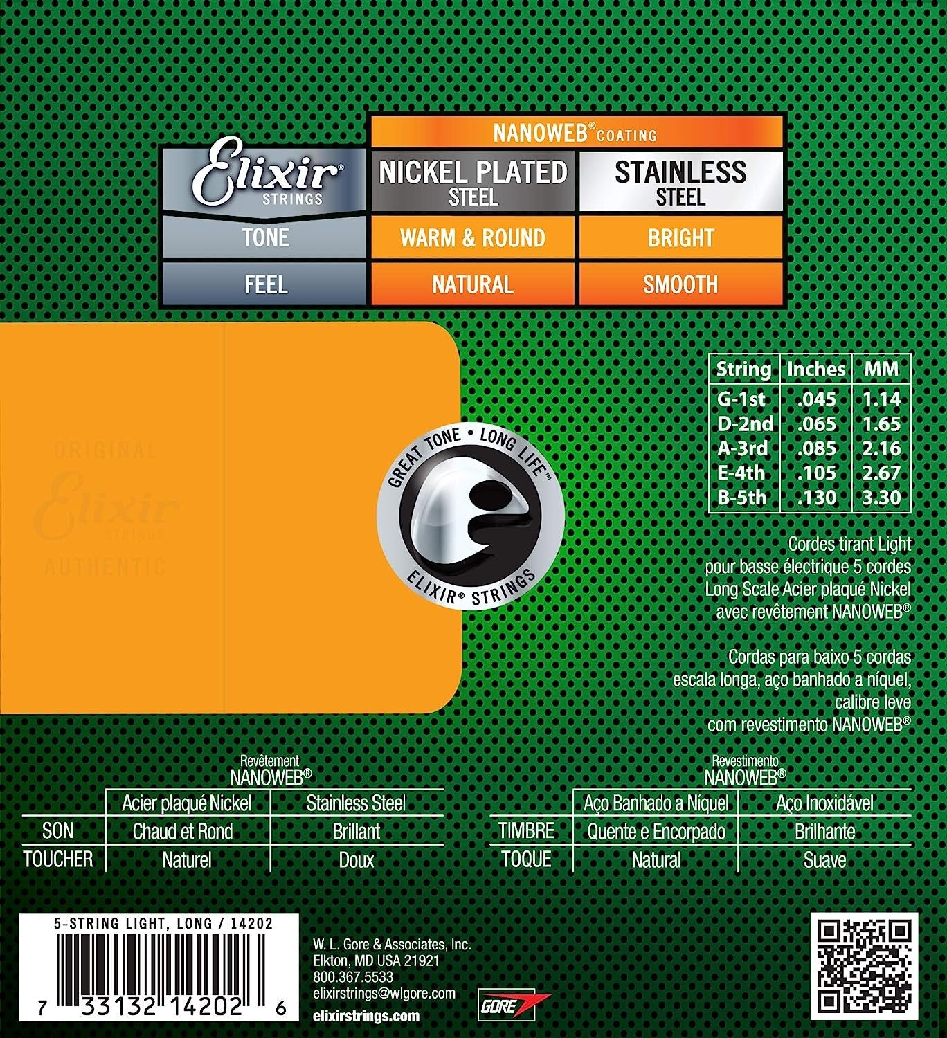 Elixir Strings Nickel Plated Steel 5-String Bass Strings w NANOWEB Coating, Long Scale, Light (.045-.130)