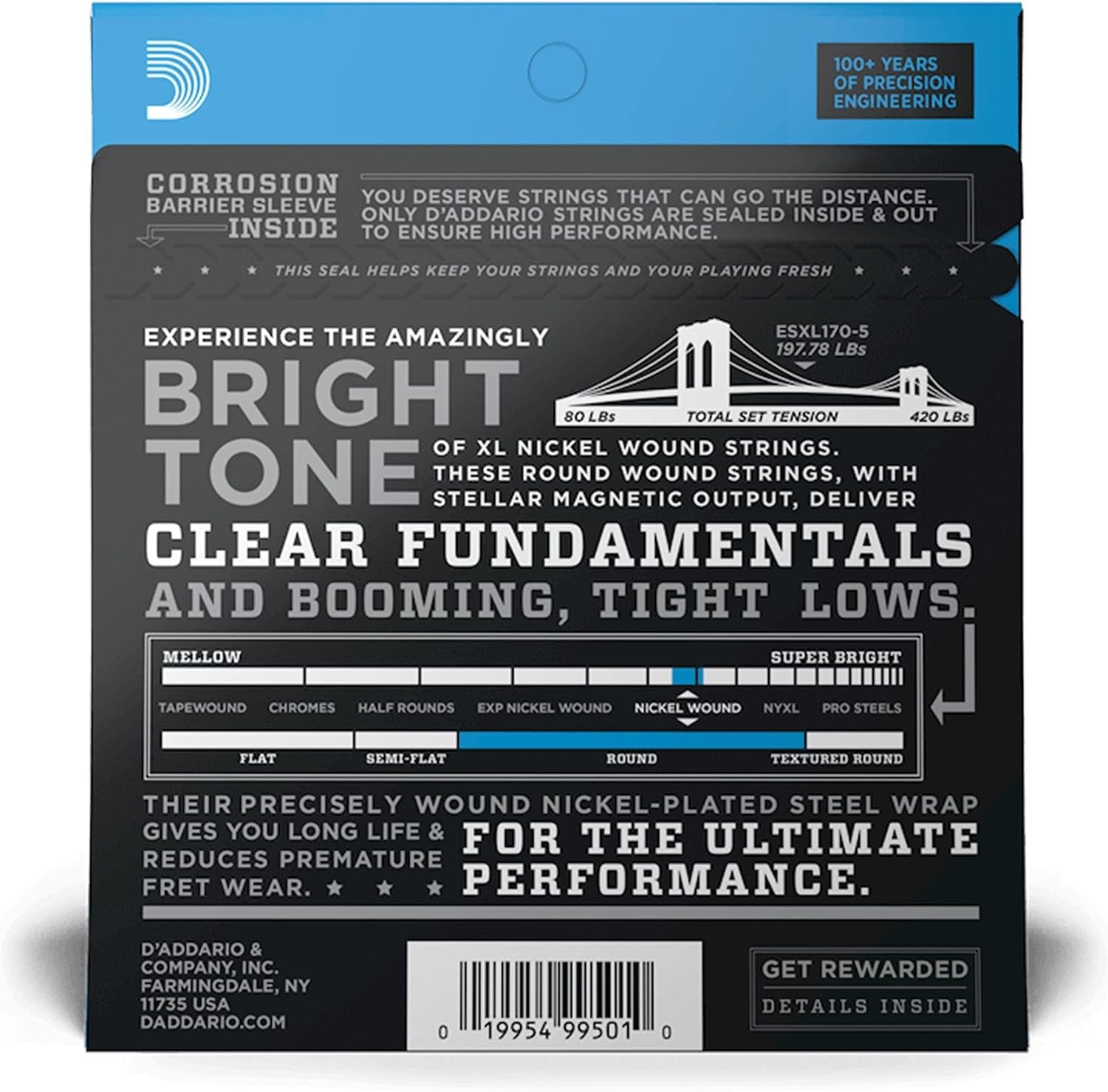 D'Addario Bass Guitar Strings - XL Nickel Bass Strings - EXL170-5 - Perfect Intonation, Feel, Durability - For 5 String Bass Guitars - 45-130 Regular Light 5-String, Long Scale