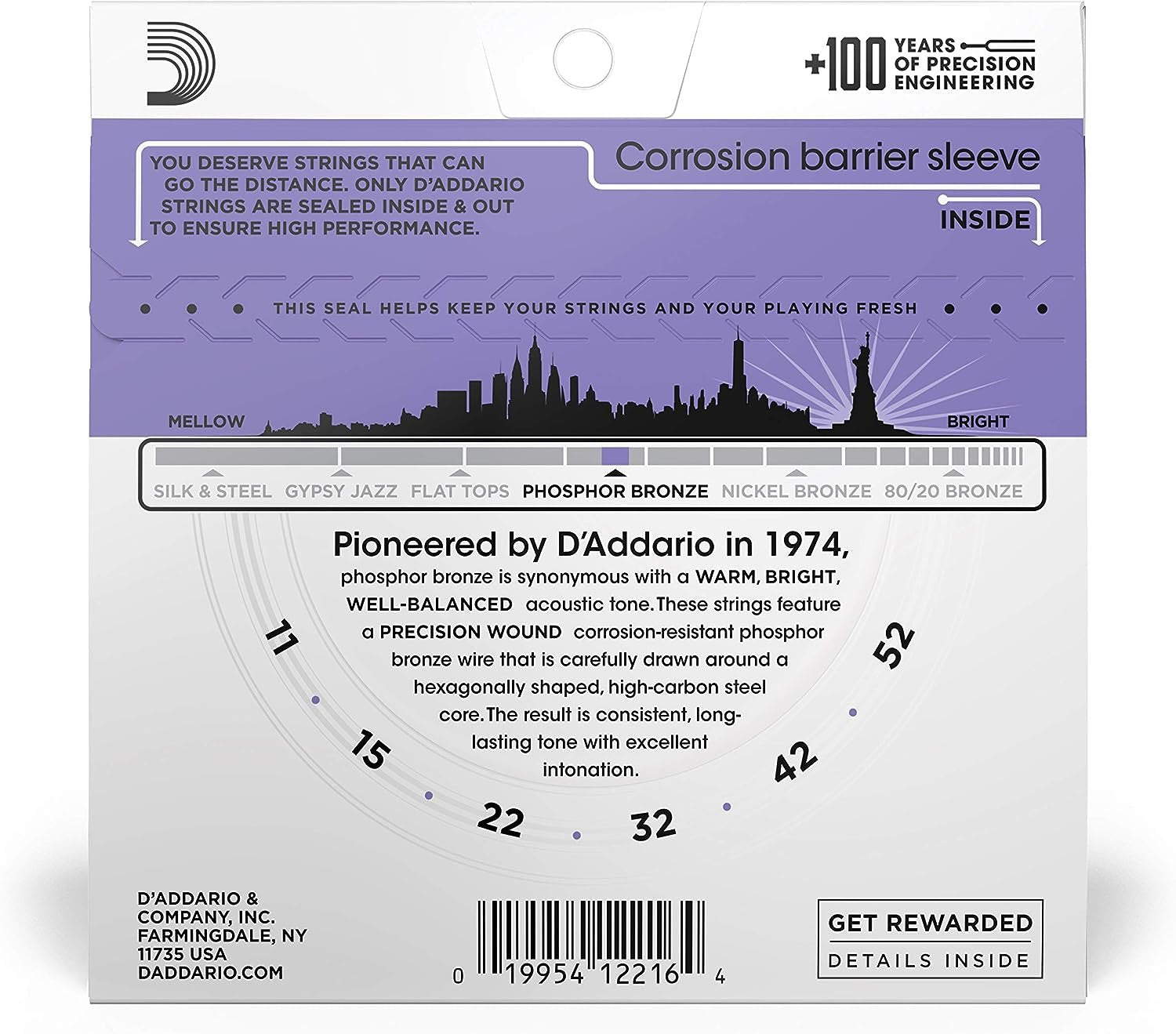 D'Addario Guitar Strings - Phosphor Bronze Acoustic Guitar Strings - EJ26 - Rich, Full Tonal Spectrum - For 6 String Guitars - 11-52 Custom Light