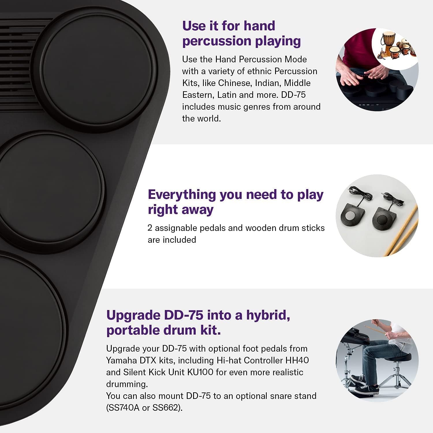 Yamaha DD75AD Portable Digital Drums Package with 2 Pedals, Drumsticks - Power Supply Included