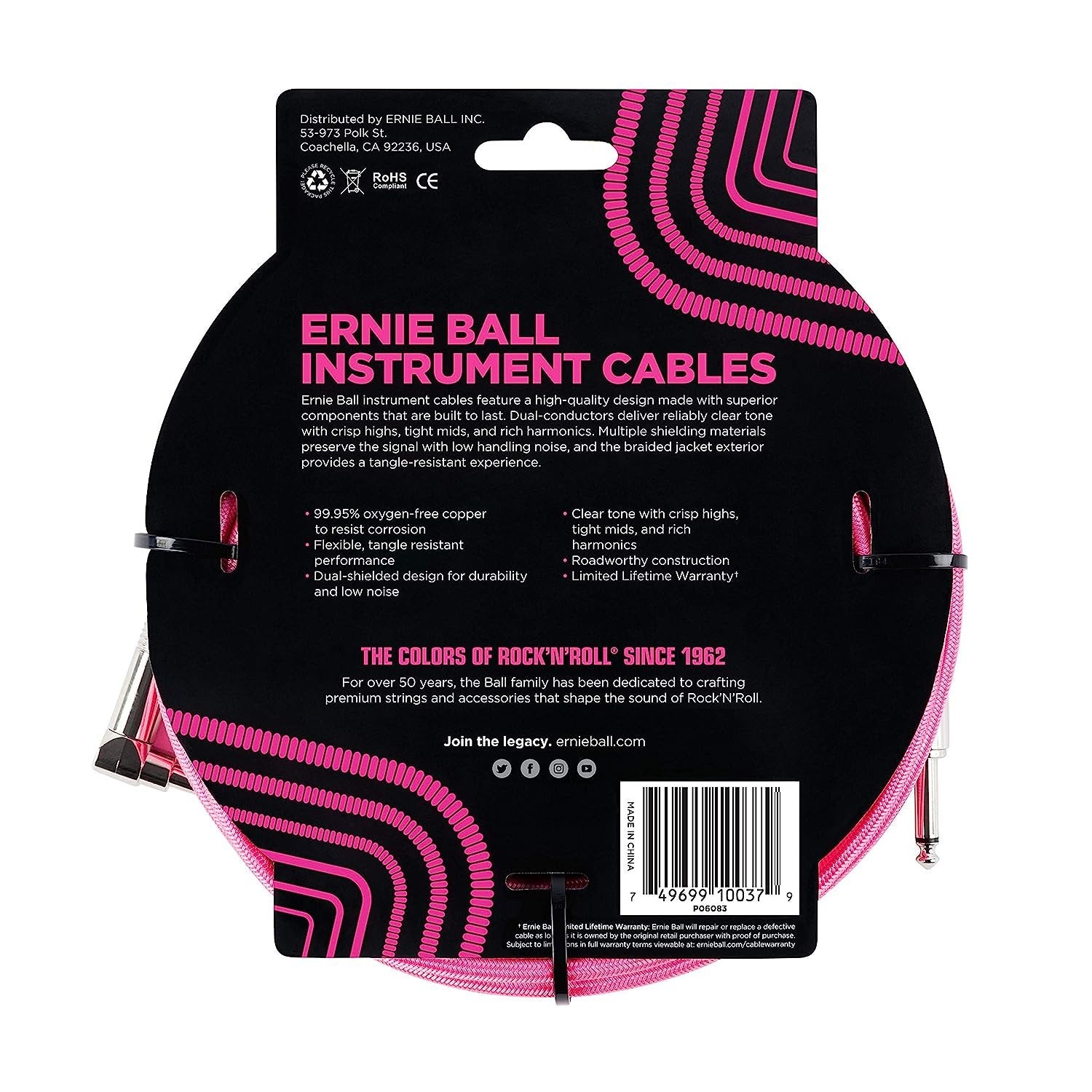 Ernie Ball Braided Instrument Cable, Straight/Angle, 18ft, Neon Pink (P06083)