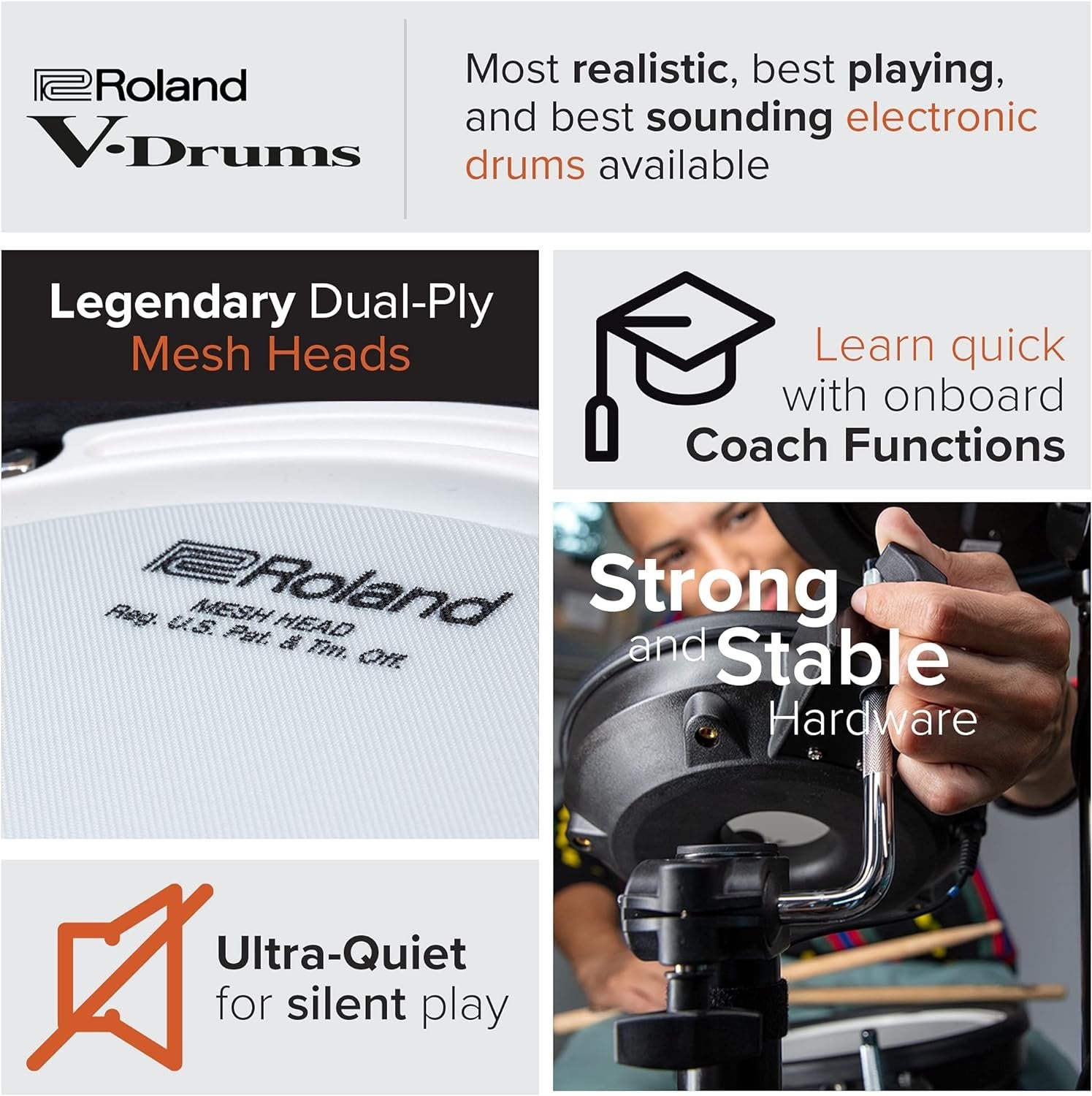 Roland TD-07KVX Electronic V-Drums Kit – with VH-10 Floating Hi-Hat and Best-Ever Cymbals – Bluetooth Audio & MIDI – 40 Free Melodics Lessons,Black