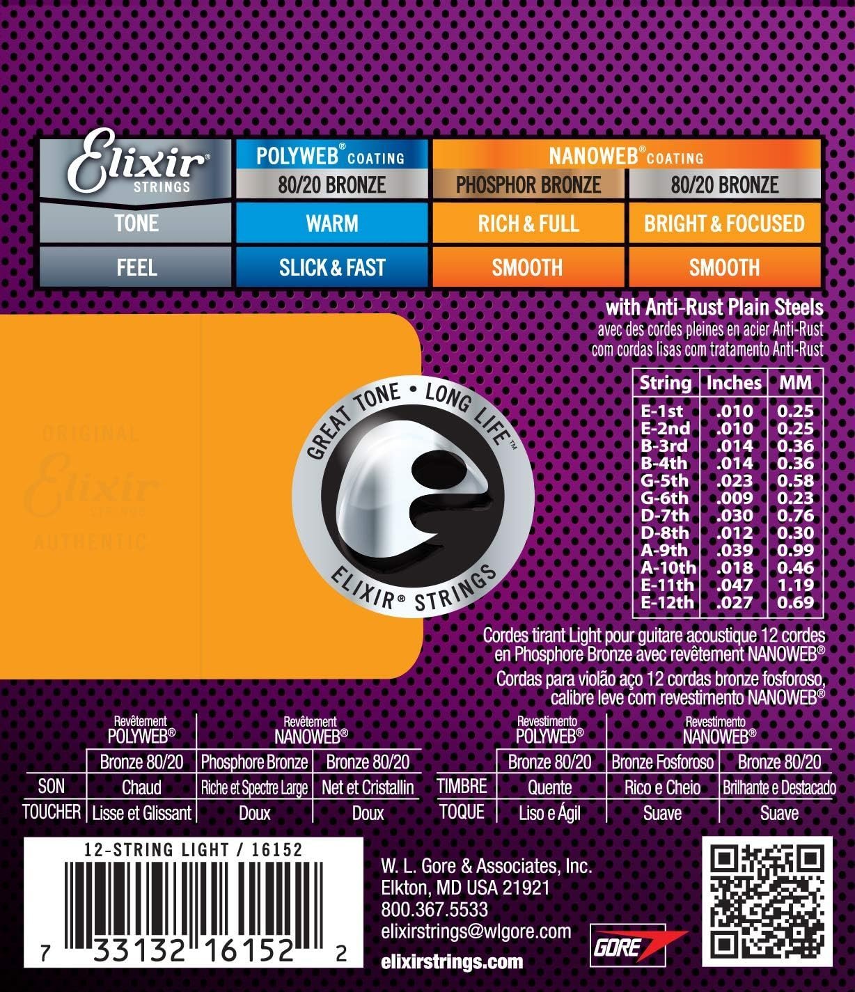 Elixir Strings Phosphor Bronze 12-String Acoustic Guitar Strings w NANOWEB Coating, Light (.010-.047)