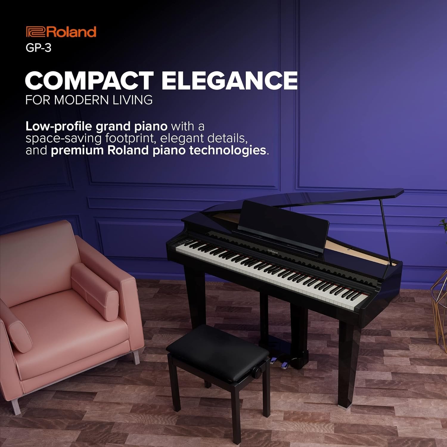 Roland GP-3 Digital Low-Profile Grand Space-Saving Footprint | Premium Piano Technologies | Authentic Tone and Touch | Immersive Sound | Onboard Bluetooth