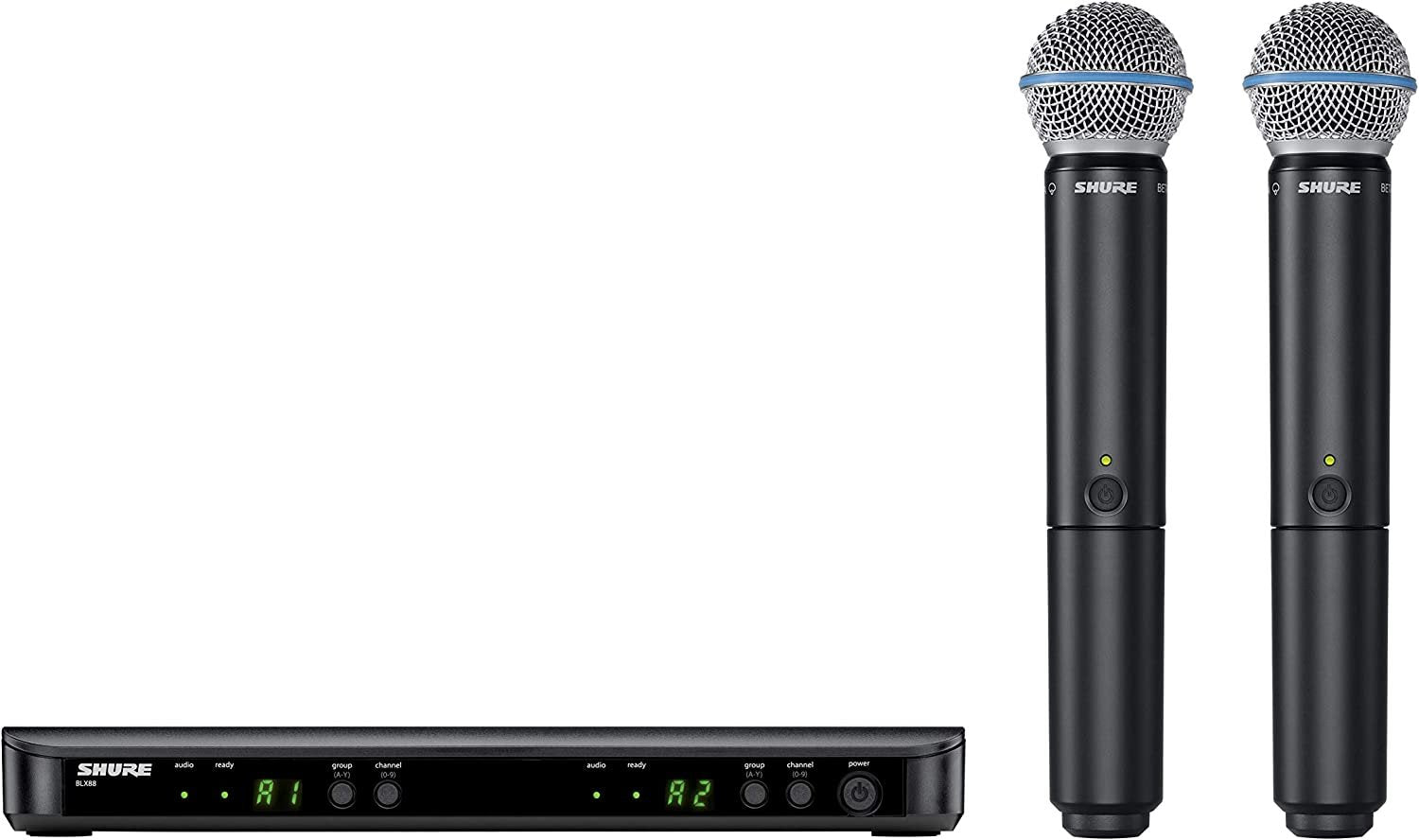 Shure BLX288/B58 Wireless Microphone System for Two Vocalists with BLX88 Dual Channel Receiver and 2X BLX2 Handheld Transmitters with BETA 58A Mic Capsules Optimized for Lead Vocals - H10 Band