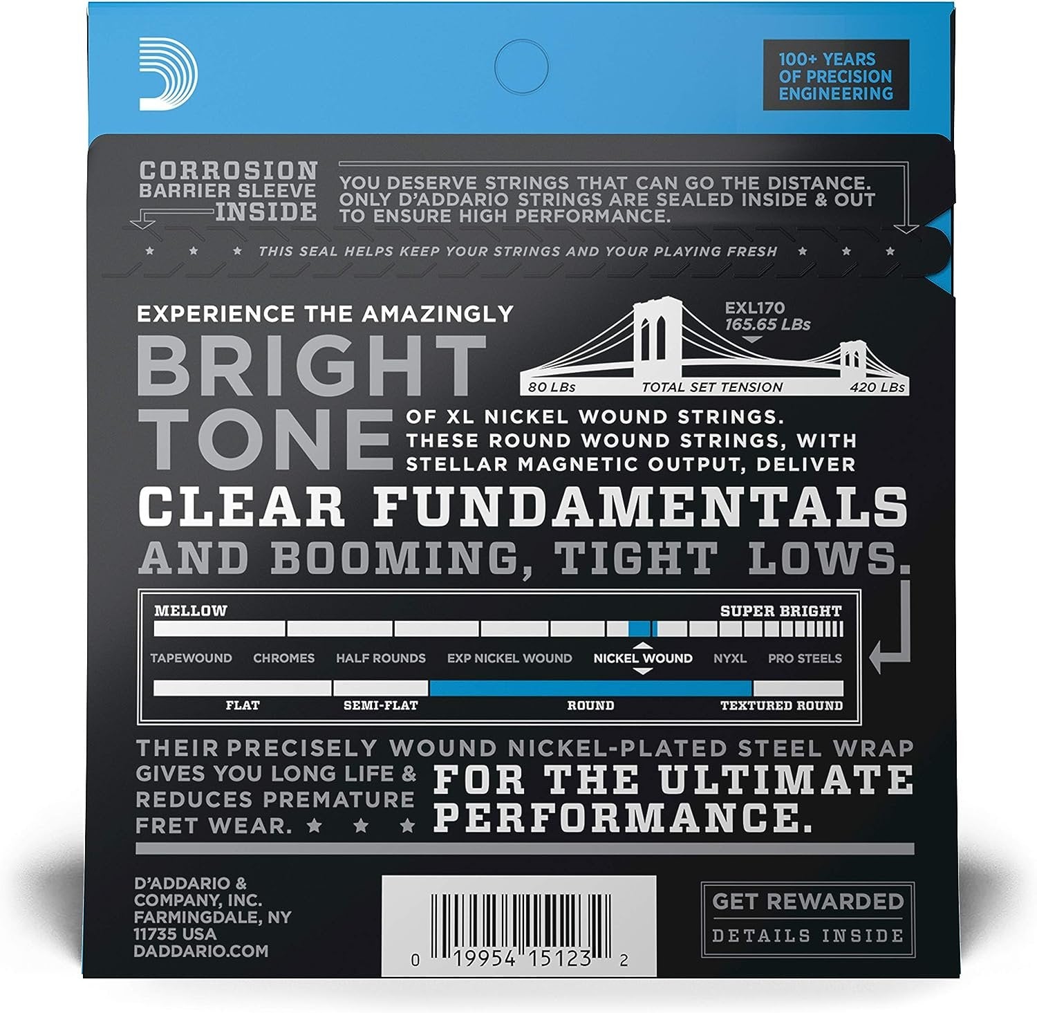 D'Addario Bass Guitar Strings - XL Nickel Bass Strings - EXL170 - Perfect Intonation, Consistent Feel, Powerful Durability - For 4 String Bass Guitars - 45-100 Regular Light, Long Scale