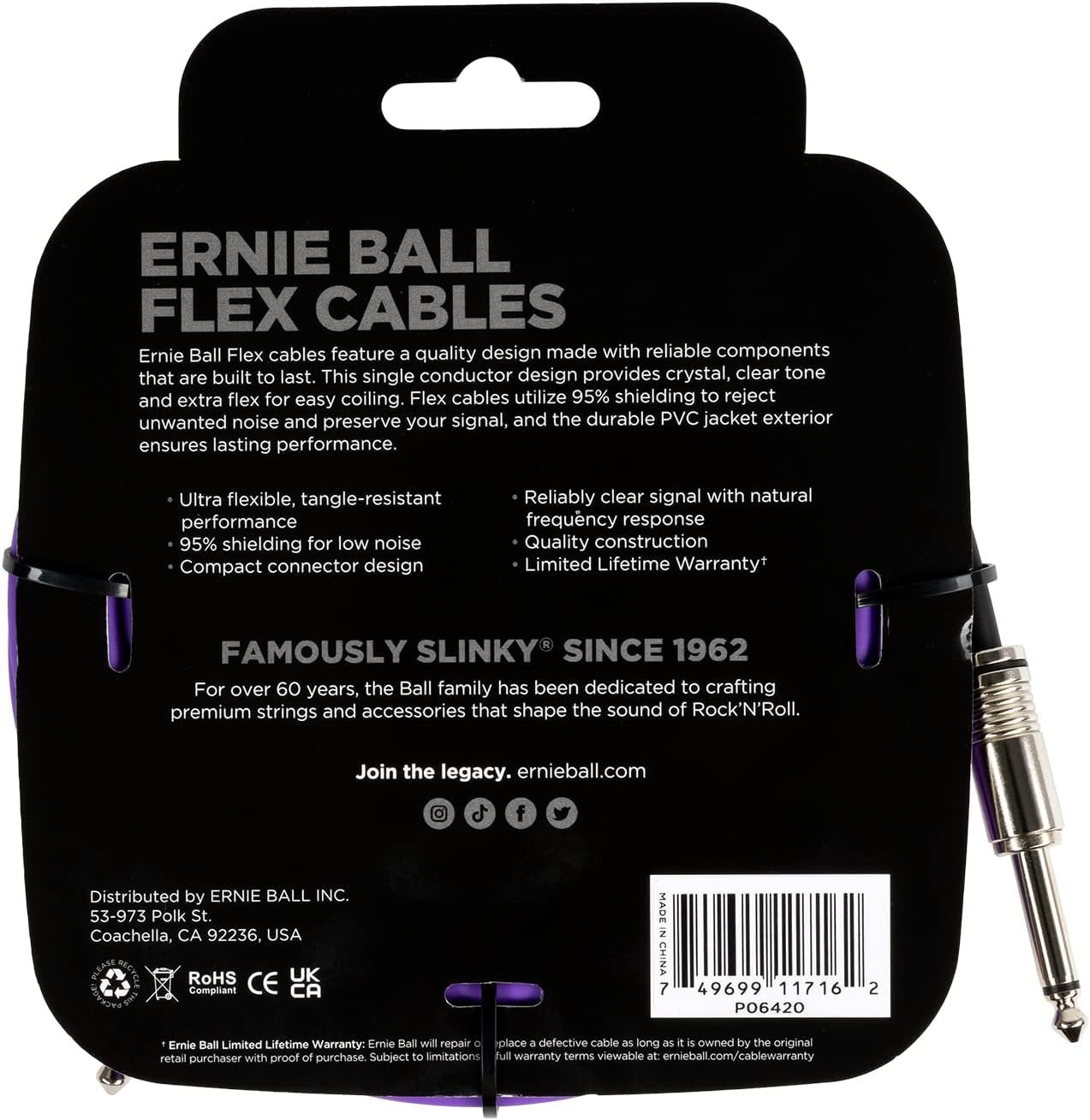 Ernie Ball Flex Instrument Cable Straight/Straight 20ft - Purple