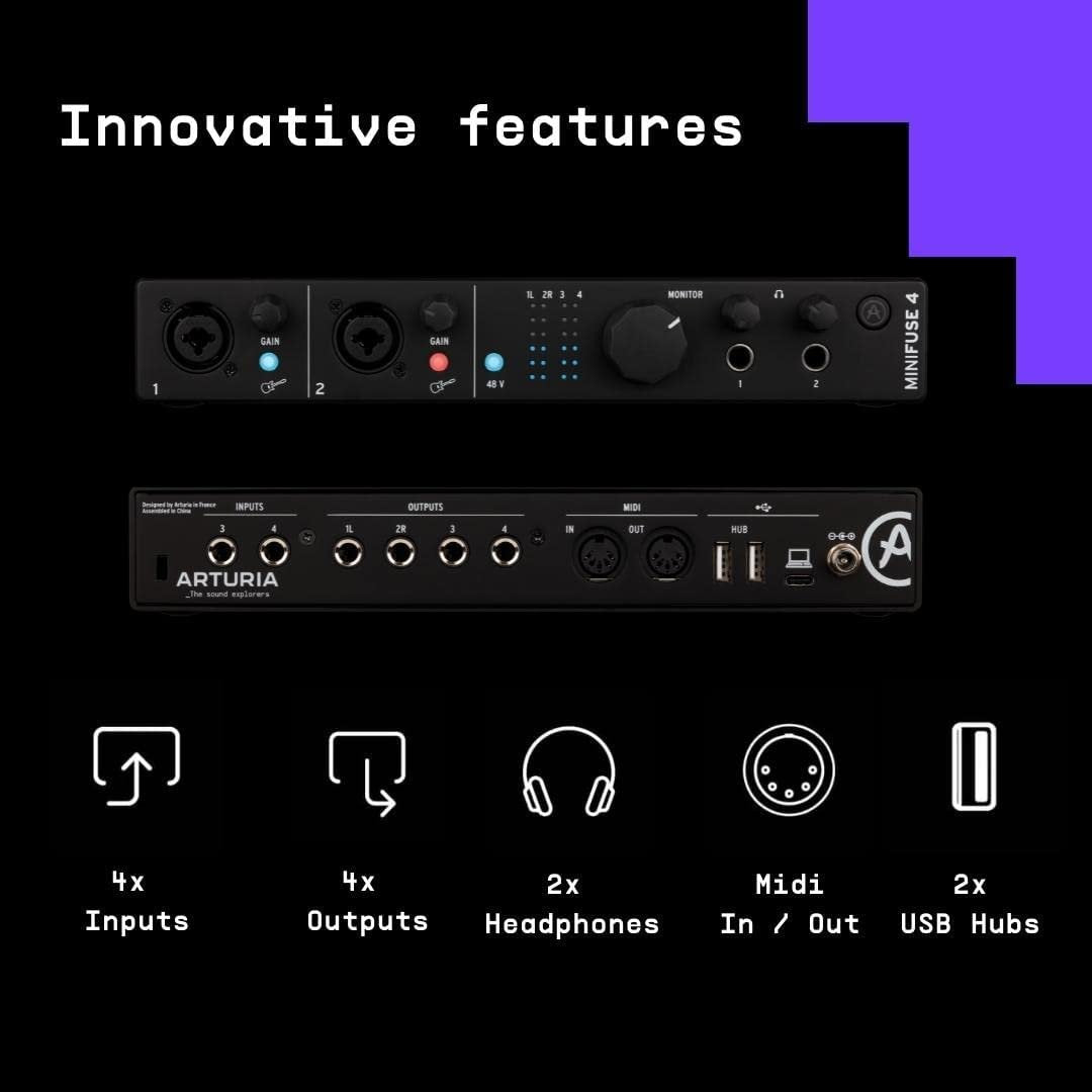 Arturia - MiniFuse 4 - Compact USB Audio & MIDI Interface with Creative Software for High-Quality Recording, Production, Podcasting, Guitar - BLACK