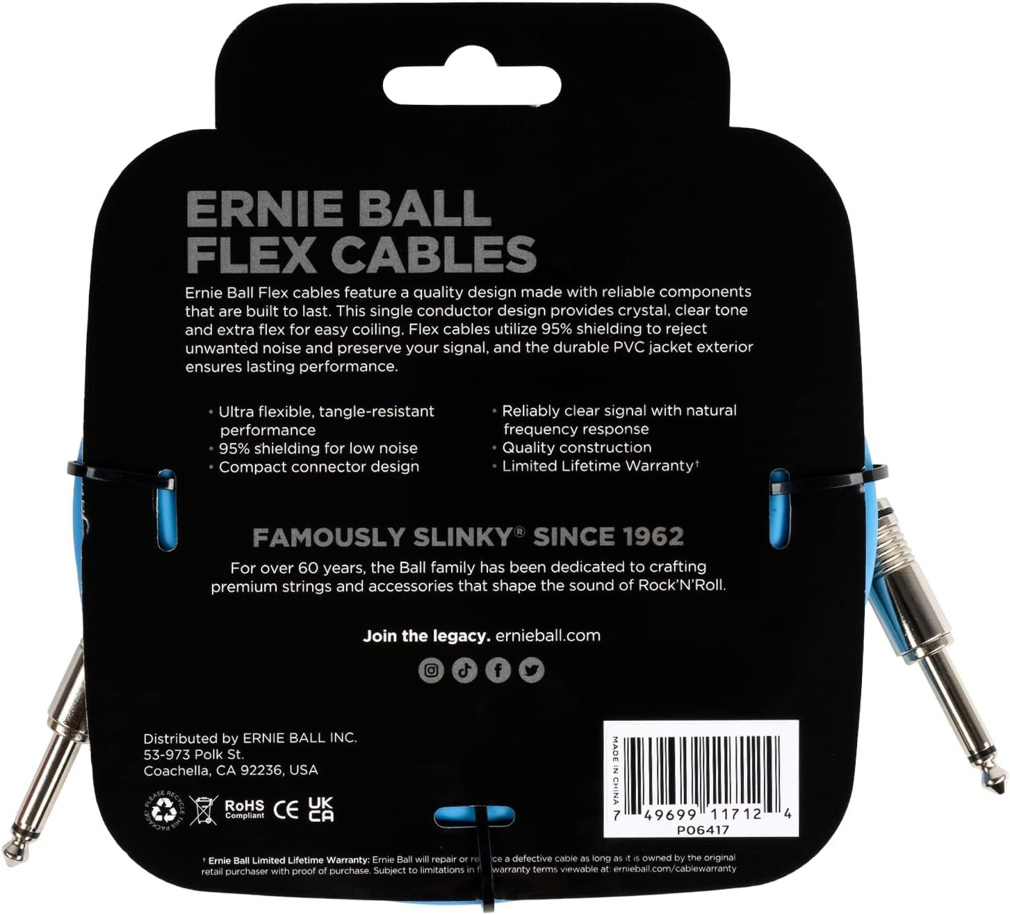 Ernie Ball Flex Instrument Cable Straight/Straight 20ft - Blue