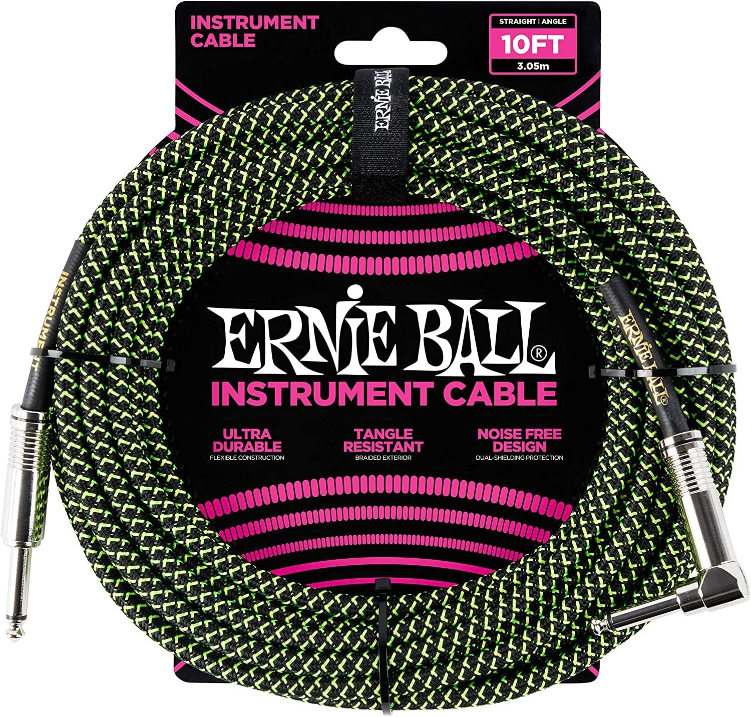 Ernie Ball Braided Instrument Cable, Straight/Angle, 10ft, Neon Green/Black (P06077)