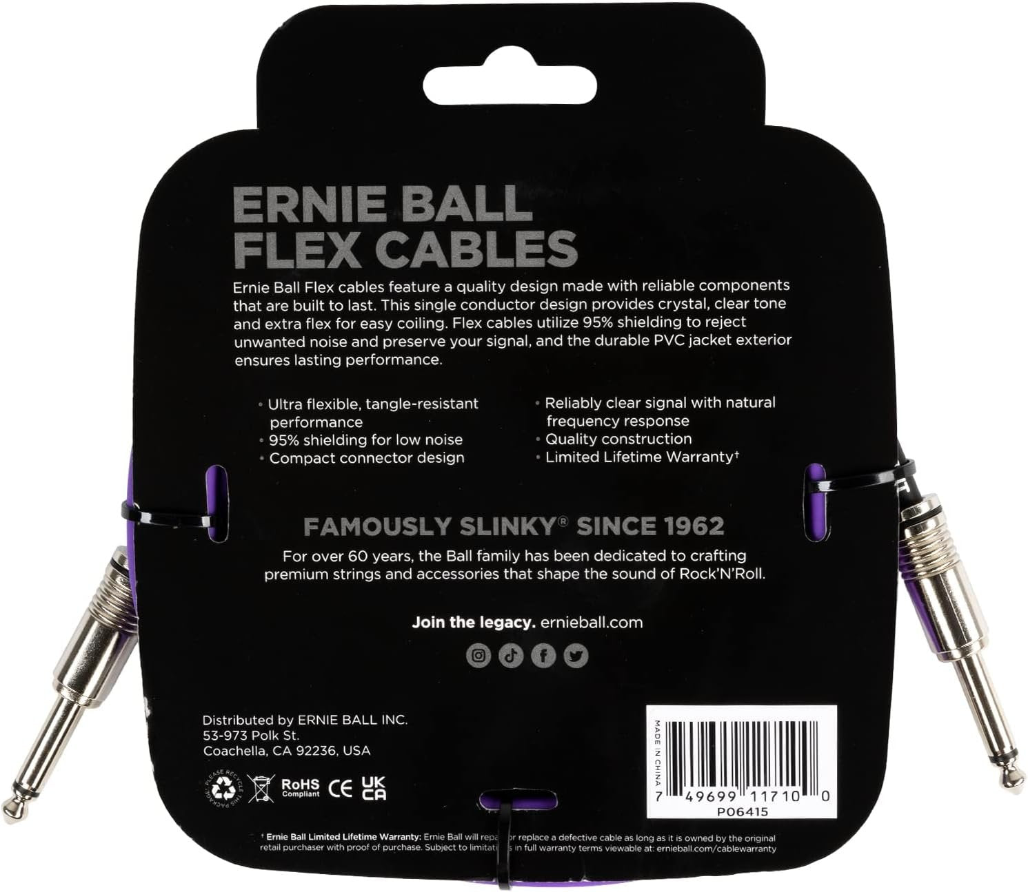 Ernie Ball Flex Instrument Cable Straight/Straight 10ft - Purple