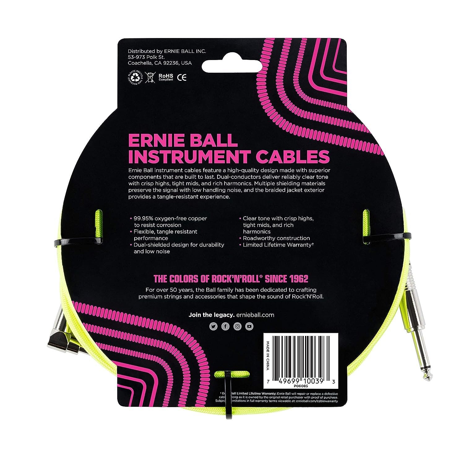 Ernie Ball Braided Instrument Cable, Straight/Angle, 18ft, Neon Yellow (P06085)