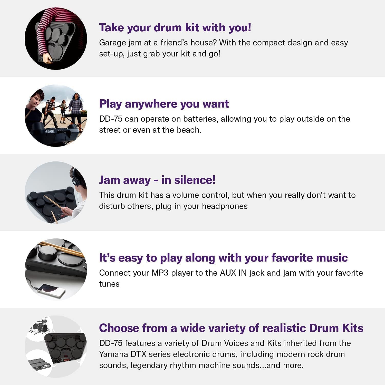 Yamaha DD75AD Portable Digital Drums Package with 2 Pedals, Drumsticks - Power Supply Included