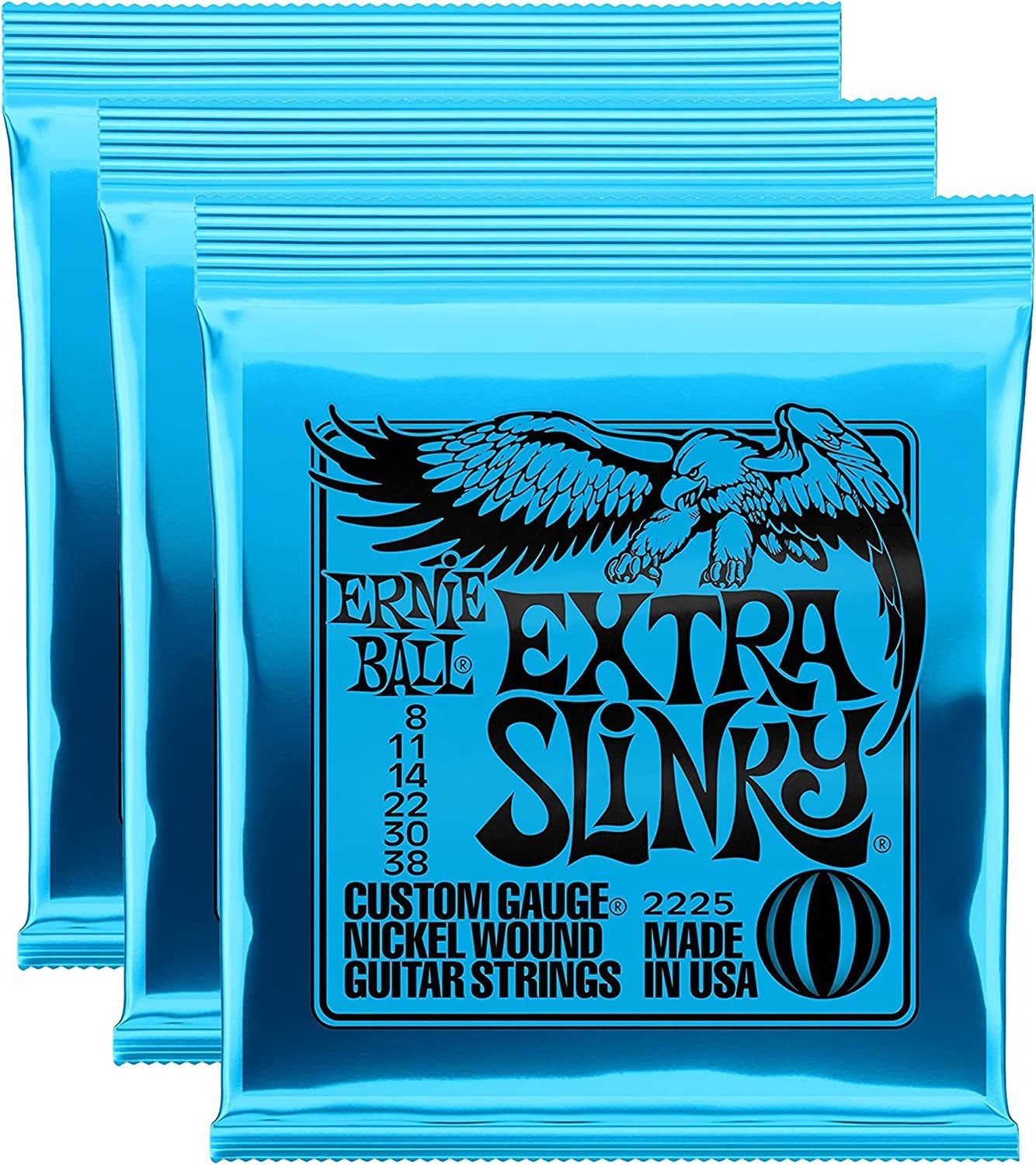 Ernie Ball 2225 Nickel Extra Slinky Electric Guitar Strings Gauge 8-38 3 Pack