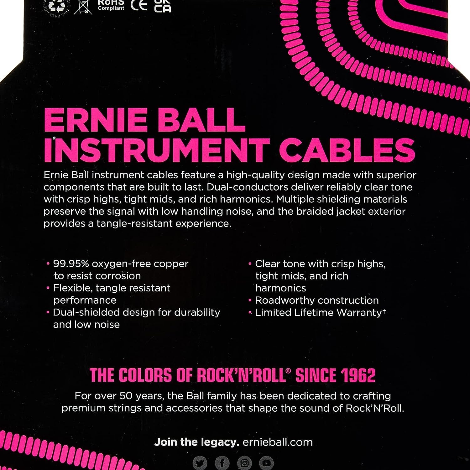 Ernie Ball Braided Instrument Cable, Straight/Angle, 18ft, Neon Yellow (P06085)