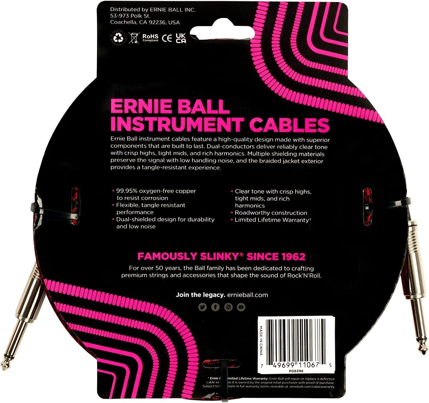 Ernie Ball Braided Instrument Cable, Straight Straight, 25ft, Red/Black