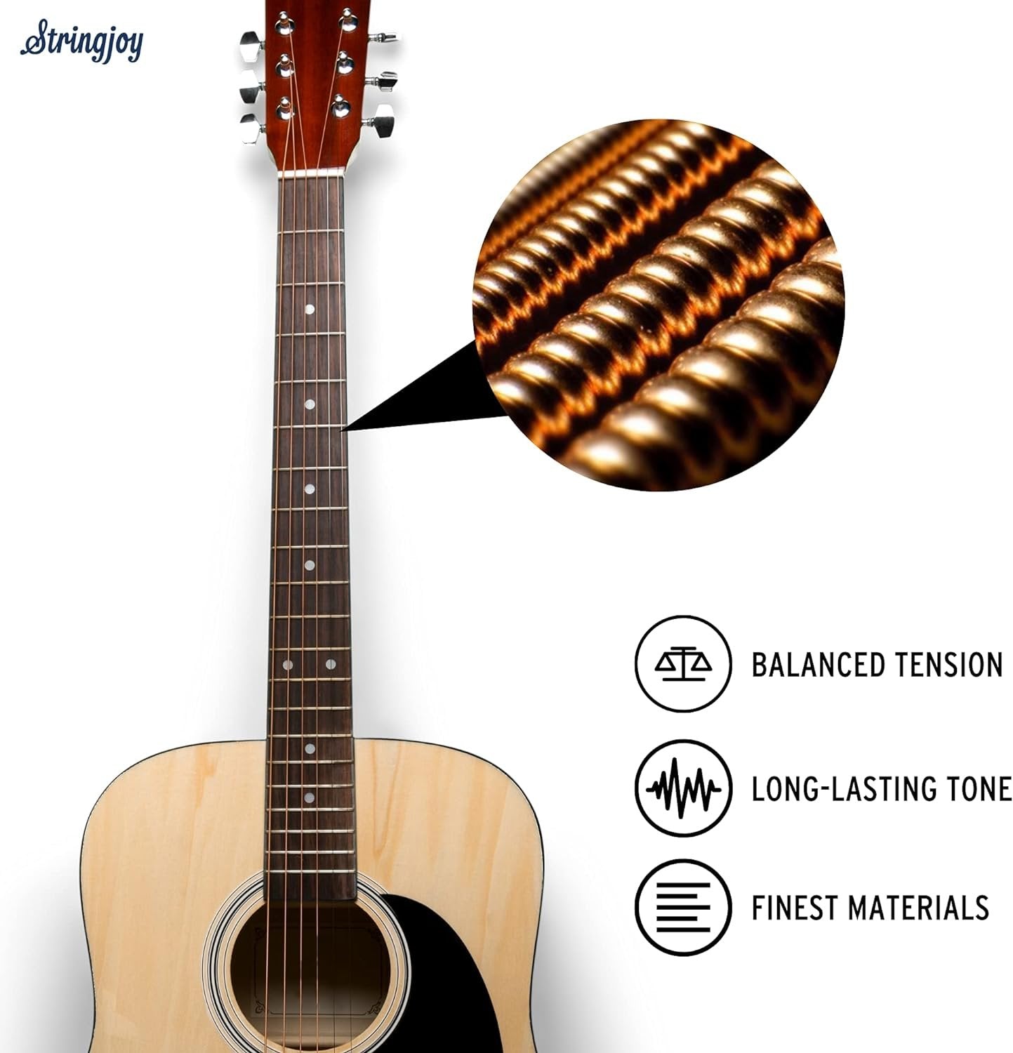 Stringjoy NB1254 Naturals Phosphor Bronze Acoustic Guitar Strings, (Light Gauge - 12-54)