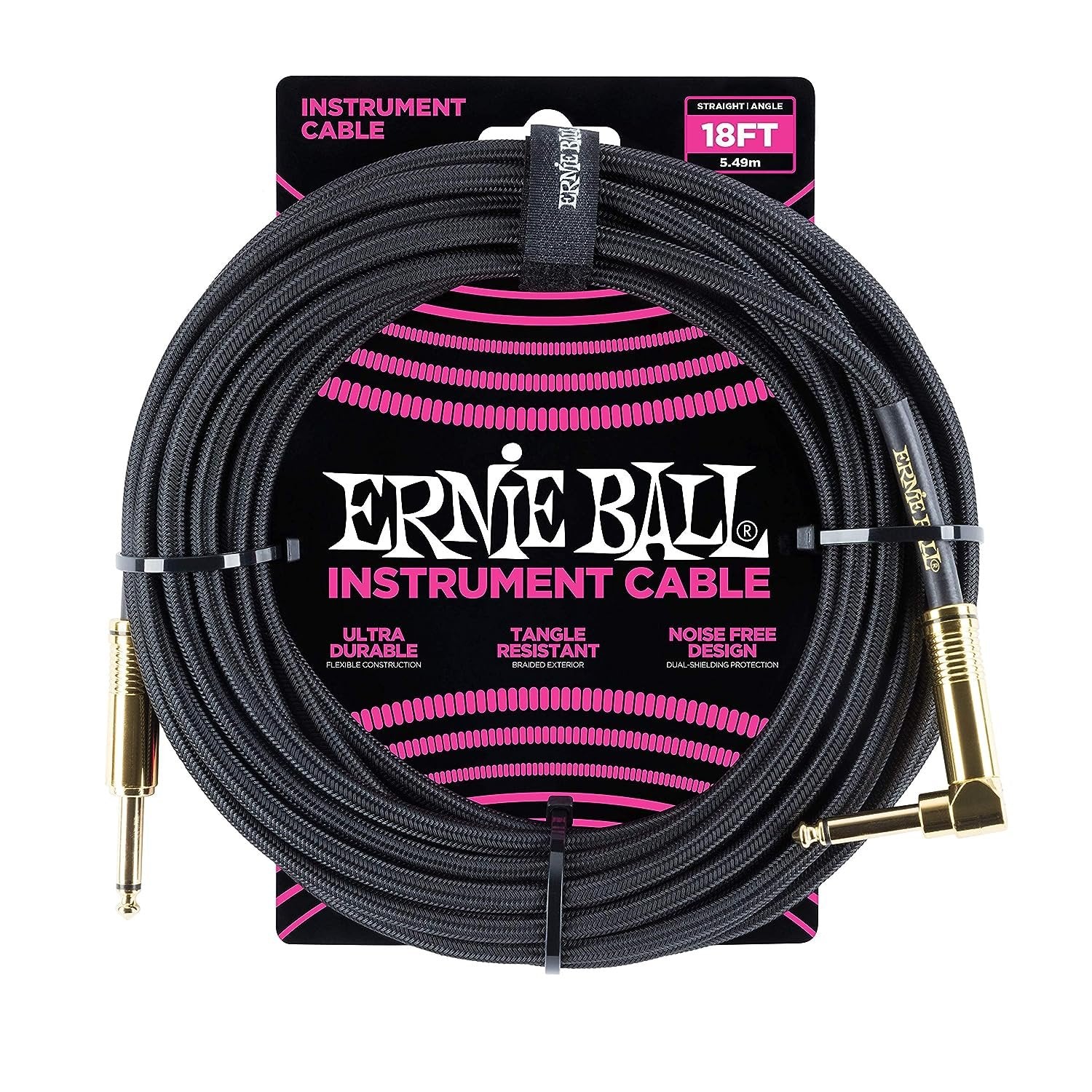 Ernie Ball Braided Instrument Cable, Straight/Angle, 18ft, Black (P06086)